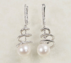 DIAMOND SWIRL EARRINGS 1.09 CARATS IN 18K WHITE GOLD WITH FRESHWATER PEARL (LE-492)