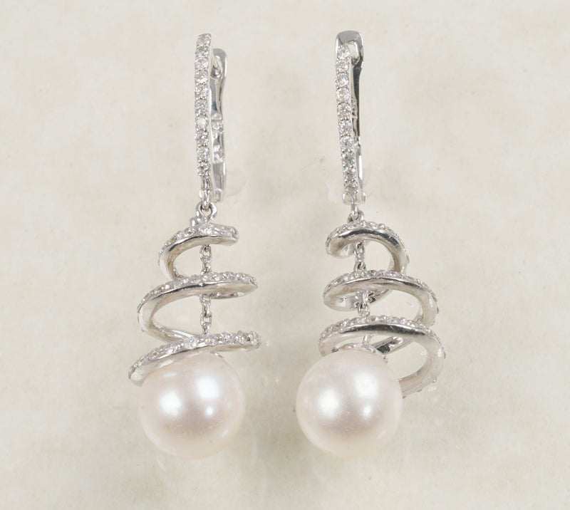 DIAMOND SWIRL EARRINGS 1.09 CARATS IN 18K WHITE GOLD WITH FRESHWATER PEARL (LE-492)