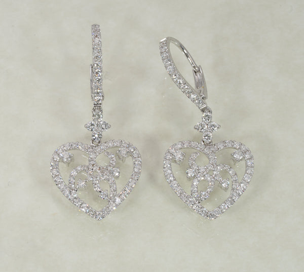 DIAMOND HEART DROP EARRINGS 1.56 CARATS IN 18K WHITE GOLD (LES-1035)