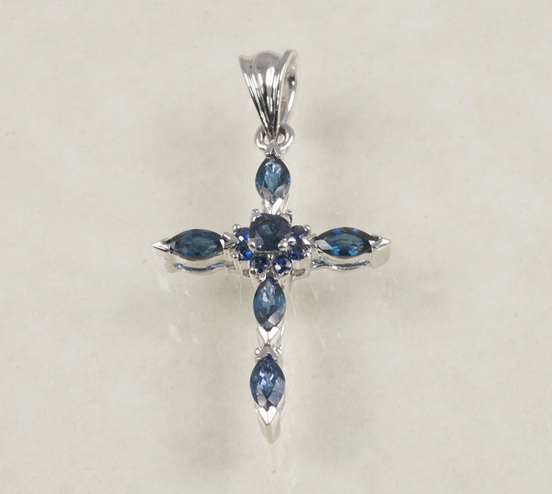 DIAMOND CROSS PENDANT SAPPHIRE 1.07 CARATS IN 14K WHITE GOLD (LPS-11017)