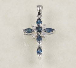 DIAMOND CROSS PENDANT WITH SAPPHIRE 0.09 CARATS IN 14K WHITE GOLD (LPS-11024)