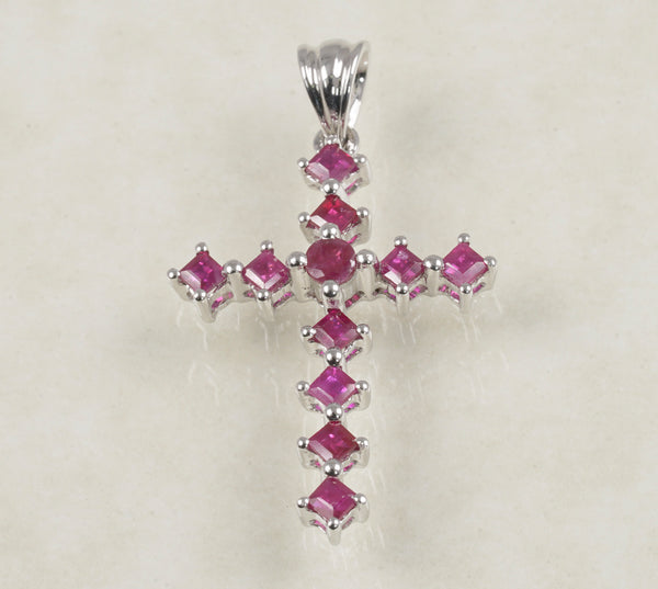 DIAMOND CROSS PENDANT WITH RUBY 1.52 CARATS IN 14K WHITE GOLD (LPS-11027)