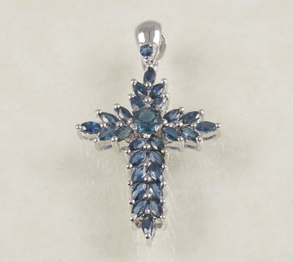 DIAMOND SAPPHIRE CROSS PENDANT IN 14K WHITE GOLD (LPS-11031)