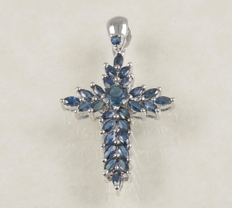 DIAMOND SAPPHIRE CROSS PENDANT IN 14K WHITE GOLD (LPS-11031)